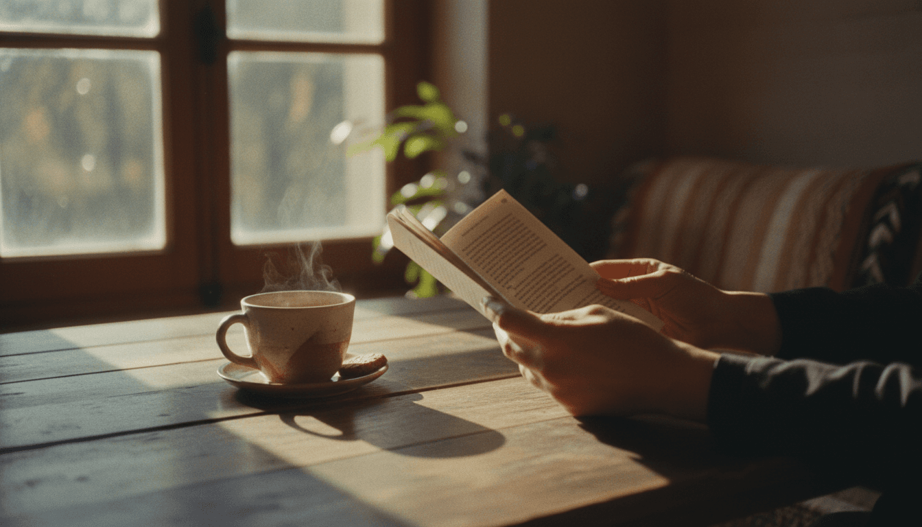 Hands holding an informational guide beside a cup of tea on a wooden table