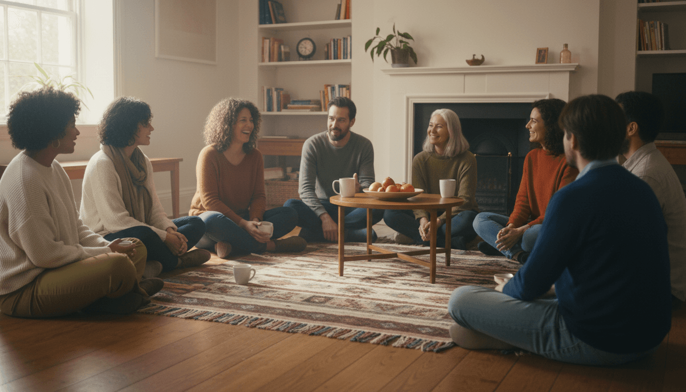 Group of adults sitting in a circle in a bright community room