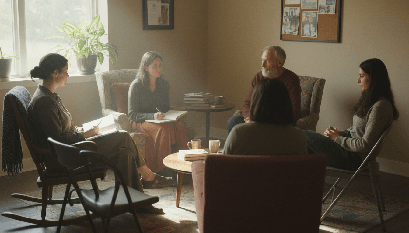 Small group sitting in a circle in a warm community room