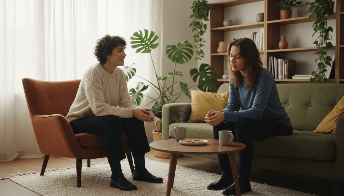 A peer support volunteer listening warmly to a community member in a comfortable room