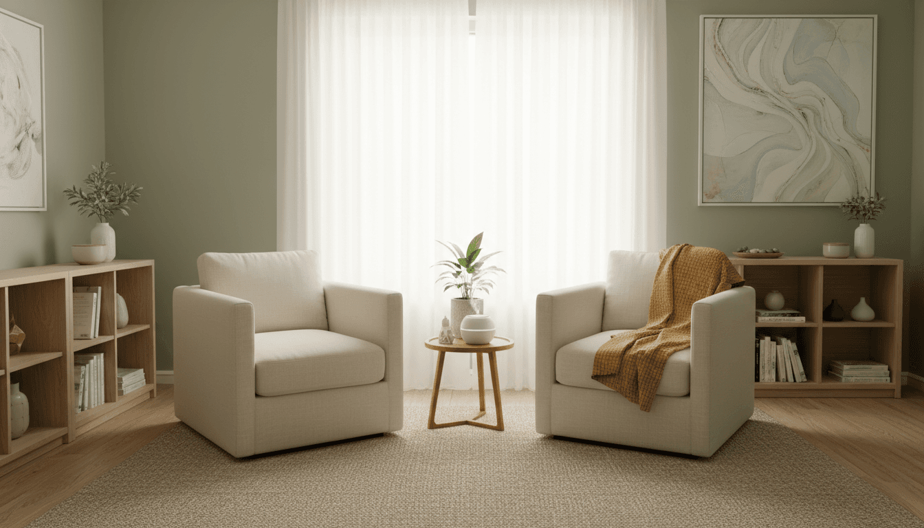 Serene counseling room with armchairs and soft light for peaceful conversation