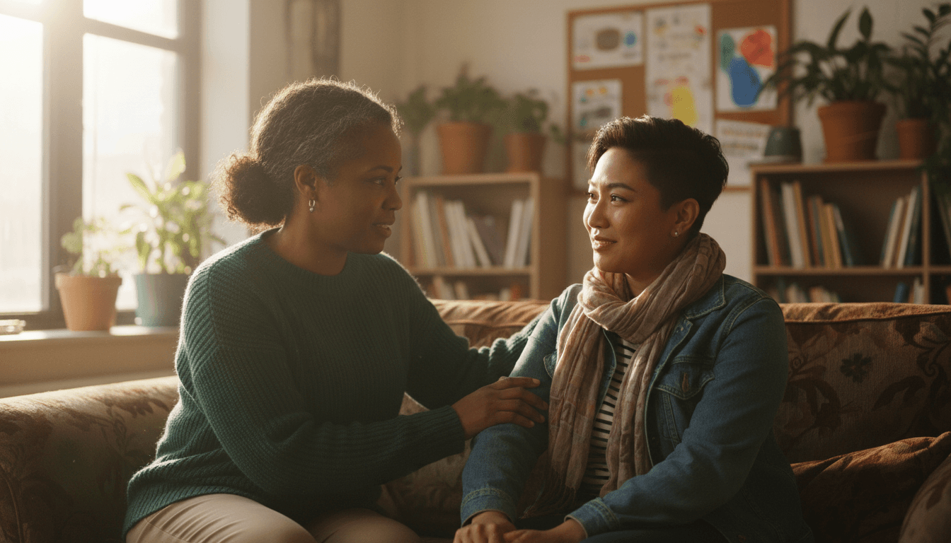Two adults sharing a supportive conversation in a bright community room