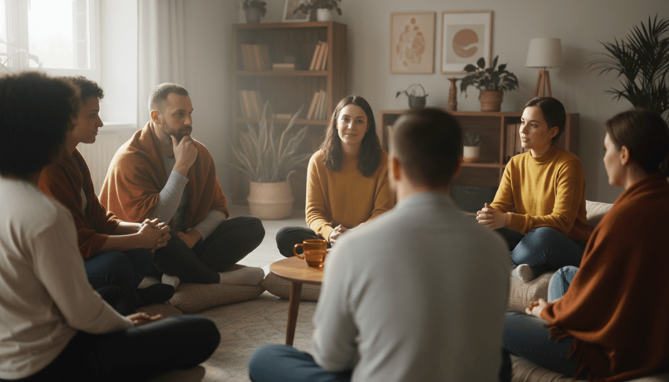 A group of adults sitting in a circle in a sunlit community room, engaged in a supportive conversation
