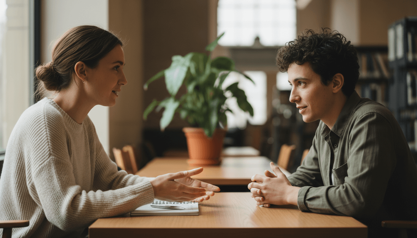 Volunteer listening attentively during a one-on-one peer conversation