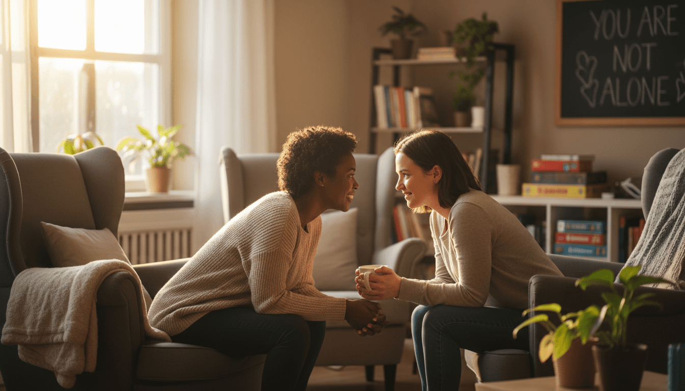 Two people talking warmly in a community room