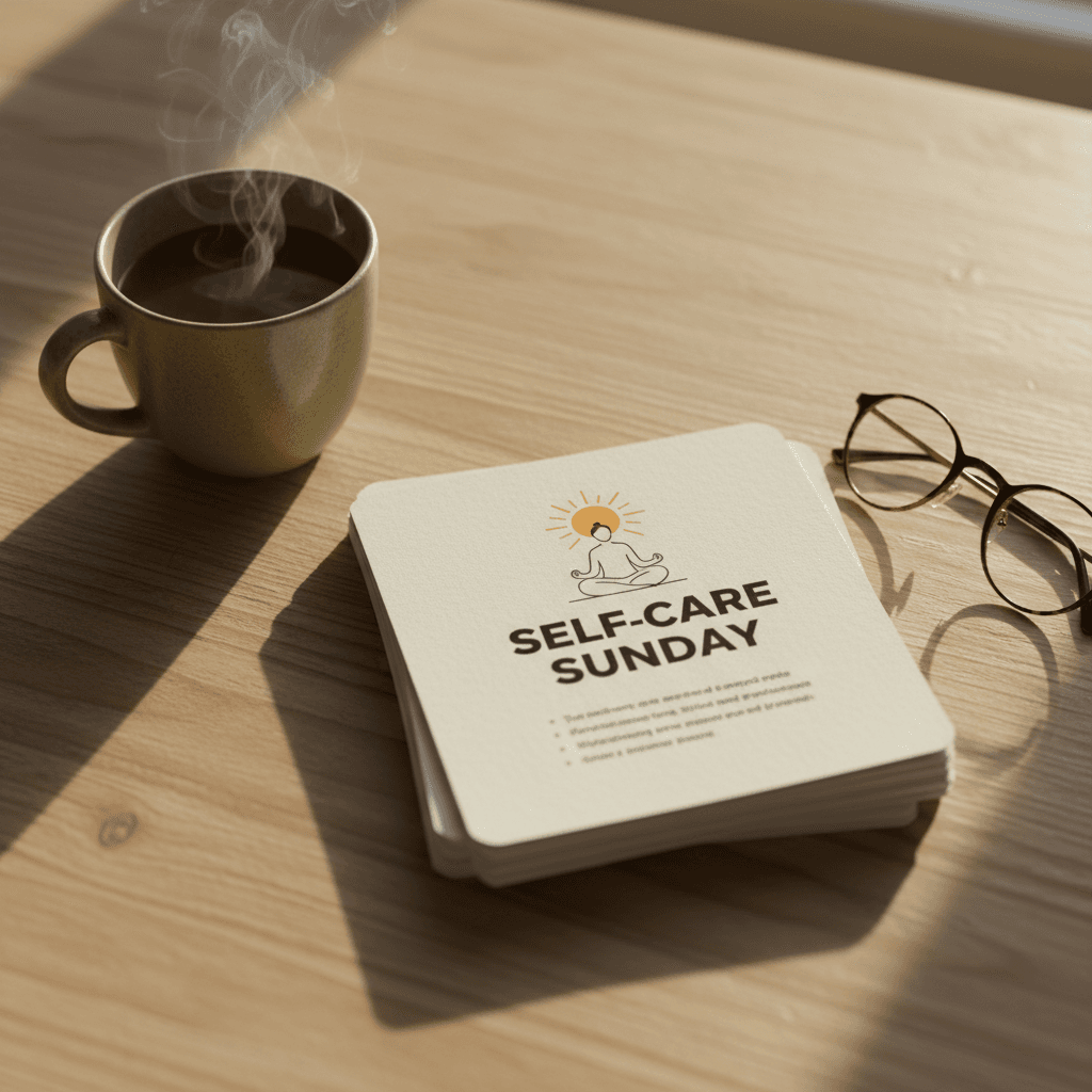 Printed self-care flyers on a wooden table