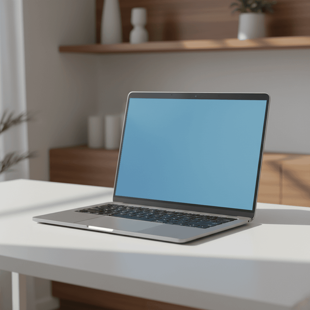 Modern sleek laptop displayed on white desk with natural daylight illuminating its metallic finish and keyboard