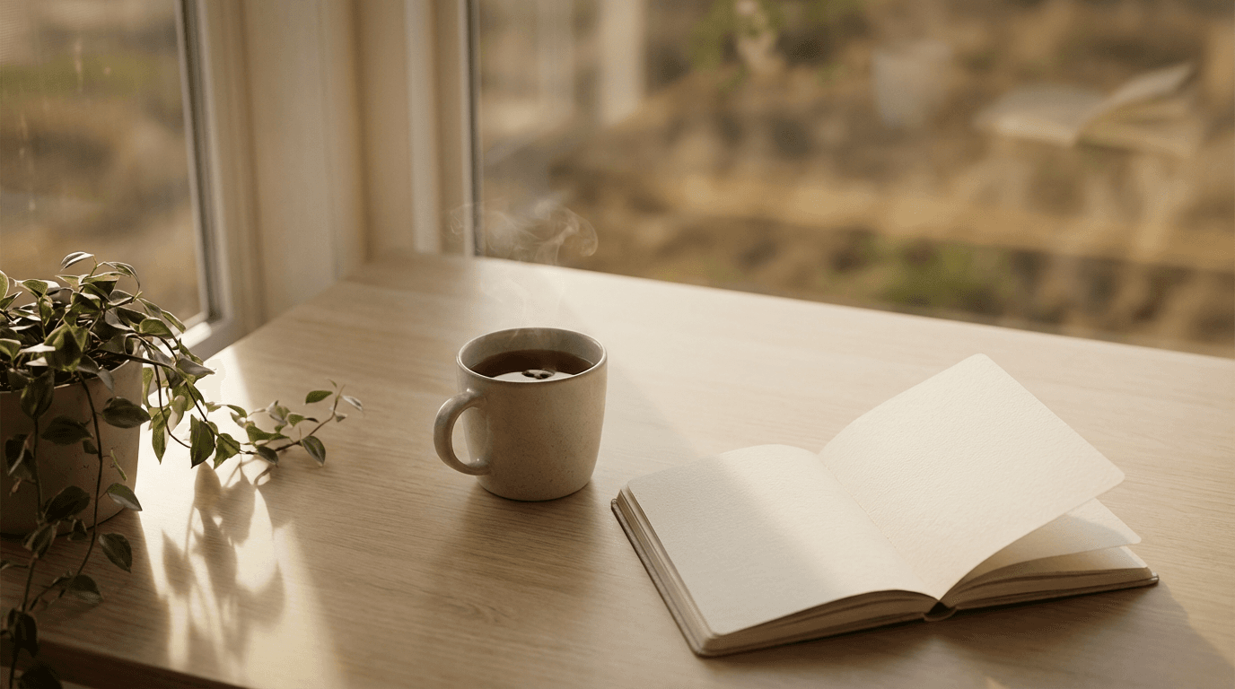 Person sitting in a warm, quiet room with a notebook and phone, inviting atmosphere