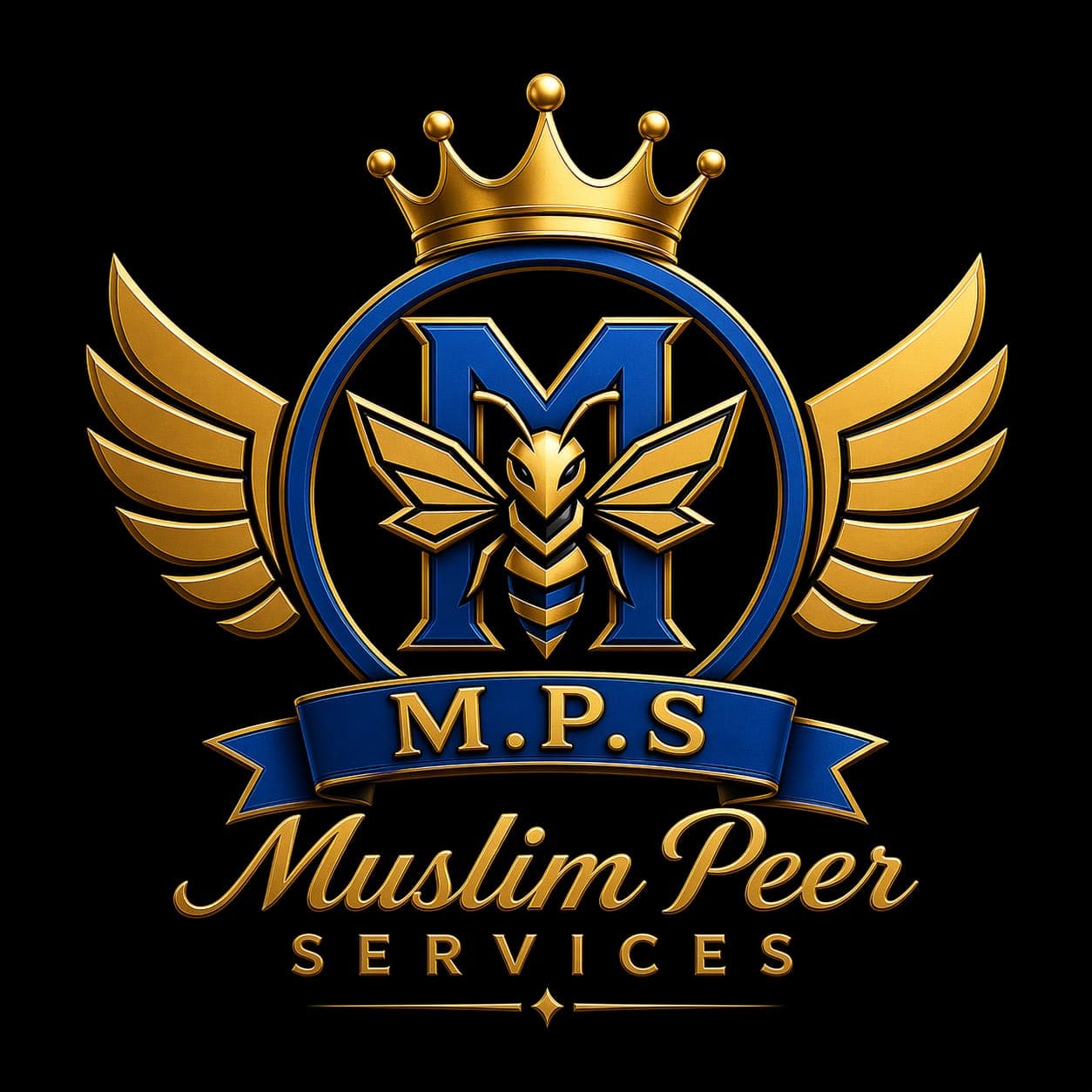 Gold and blue logo for Muslim Peer Services featuring a crowned hornet and wings.