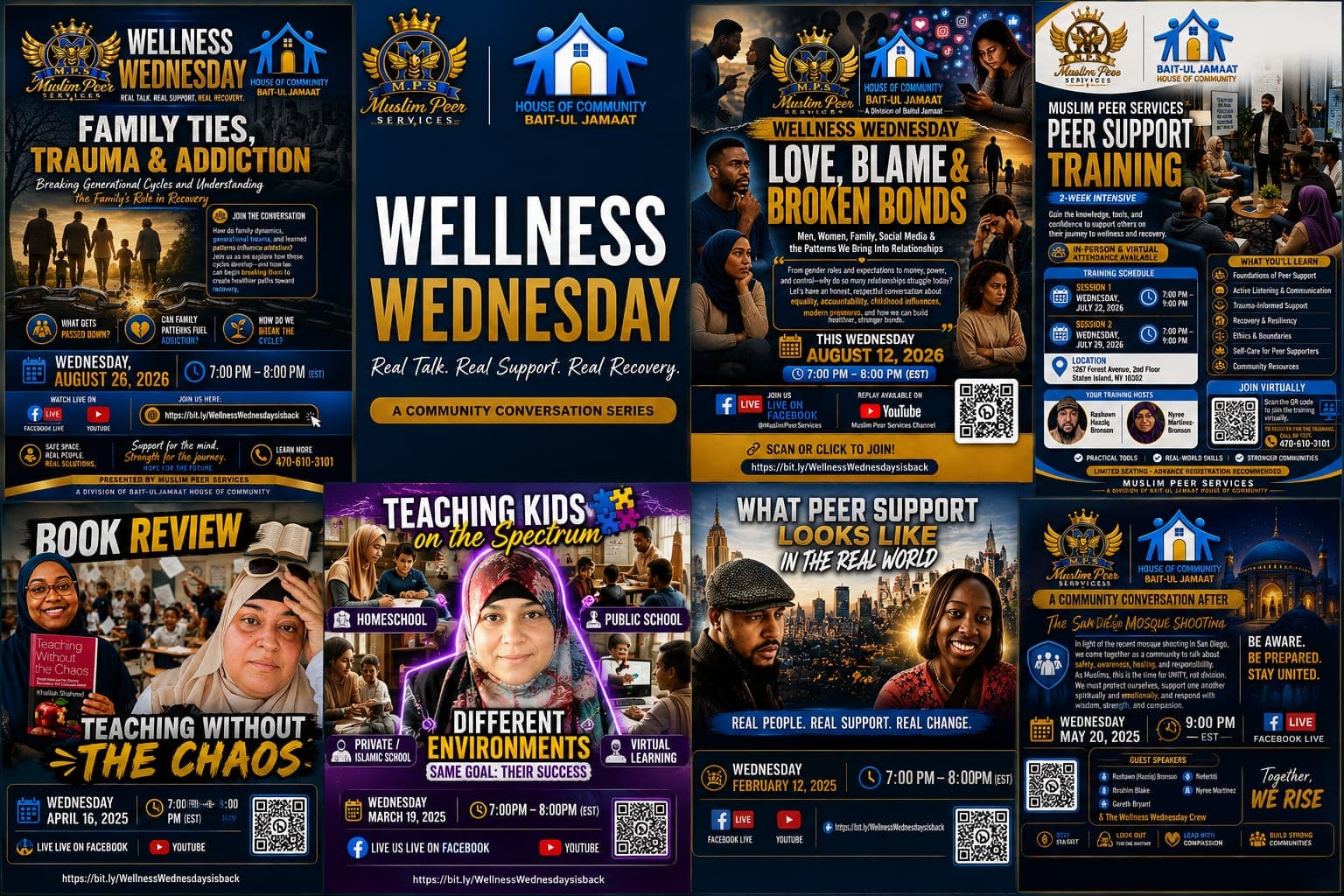 Flyers for community wellness, peer support training, and educational workshops by Muslim Peer Services.