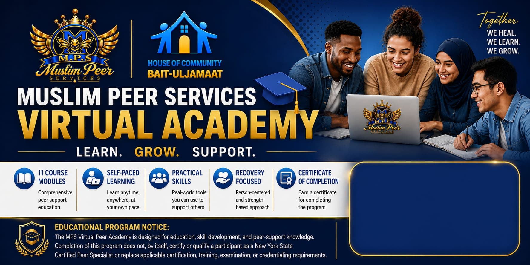 Diverse students learning together on a promotional banner for Muslim Peer Services Virtual Academy.