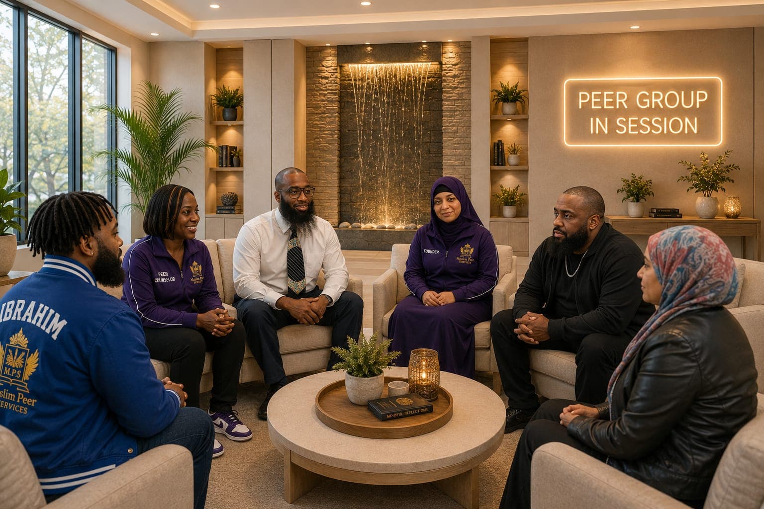 Diverse individuals participate in a peer group session in a modern room with a waterfall.