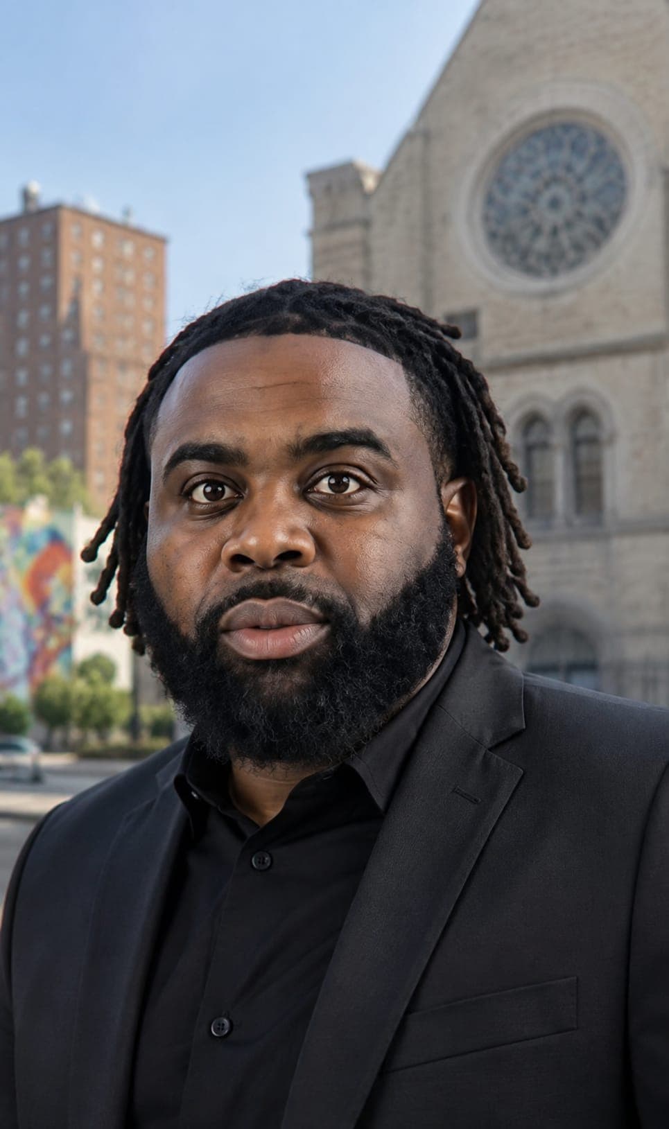 Serious Black man with dreadlocks and a full beard wearing a black blazer outdoors.