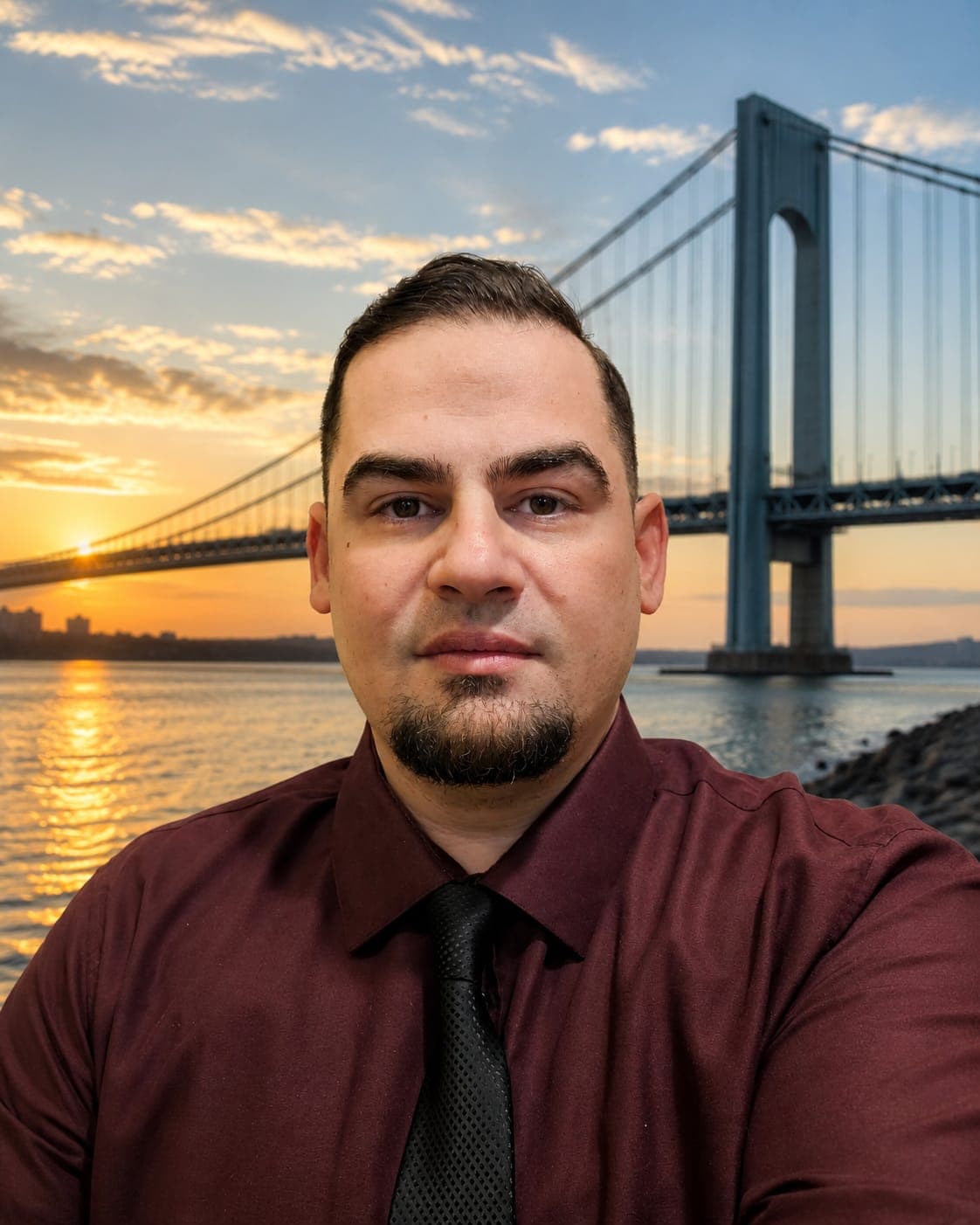 Man with goatee in maroon shirt and tie before a suspension bridge at sunset.