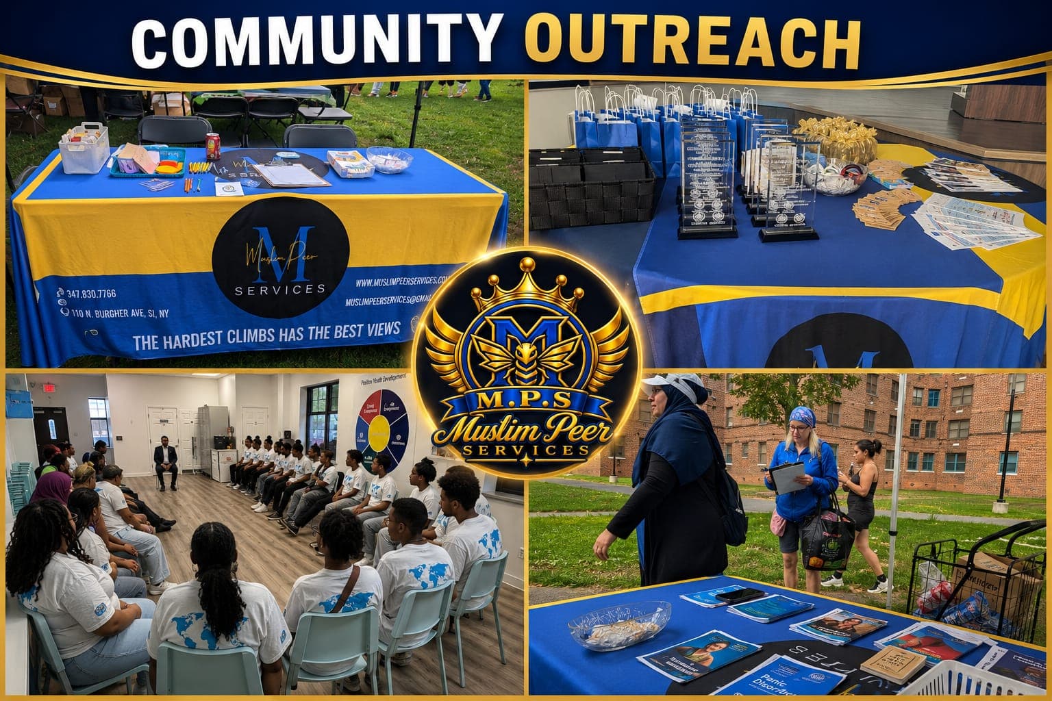 Muslim Peer Services community outreach collage showing information tables, awards, and a youth group meeting.
