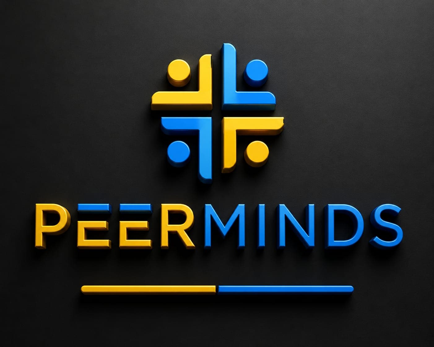3D PEERMINDS logo with yellow and blue stylized figures forming a cross on black.