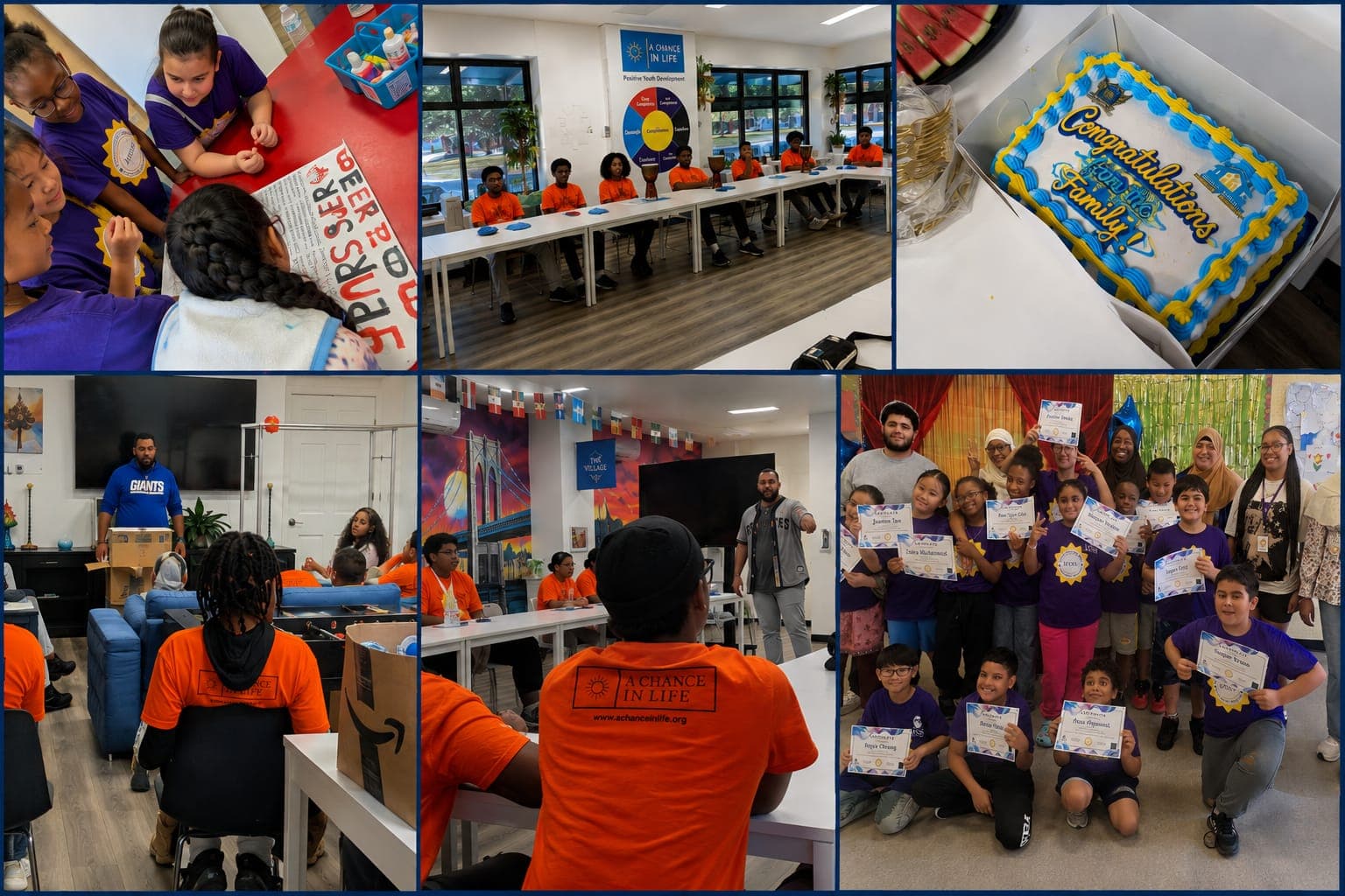 Collage of youth engaged in activities, a celebratory cake, and a group holding certificates.